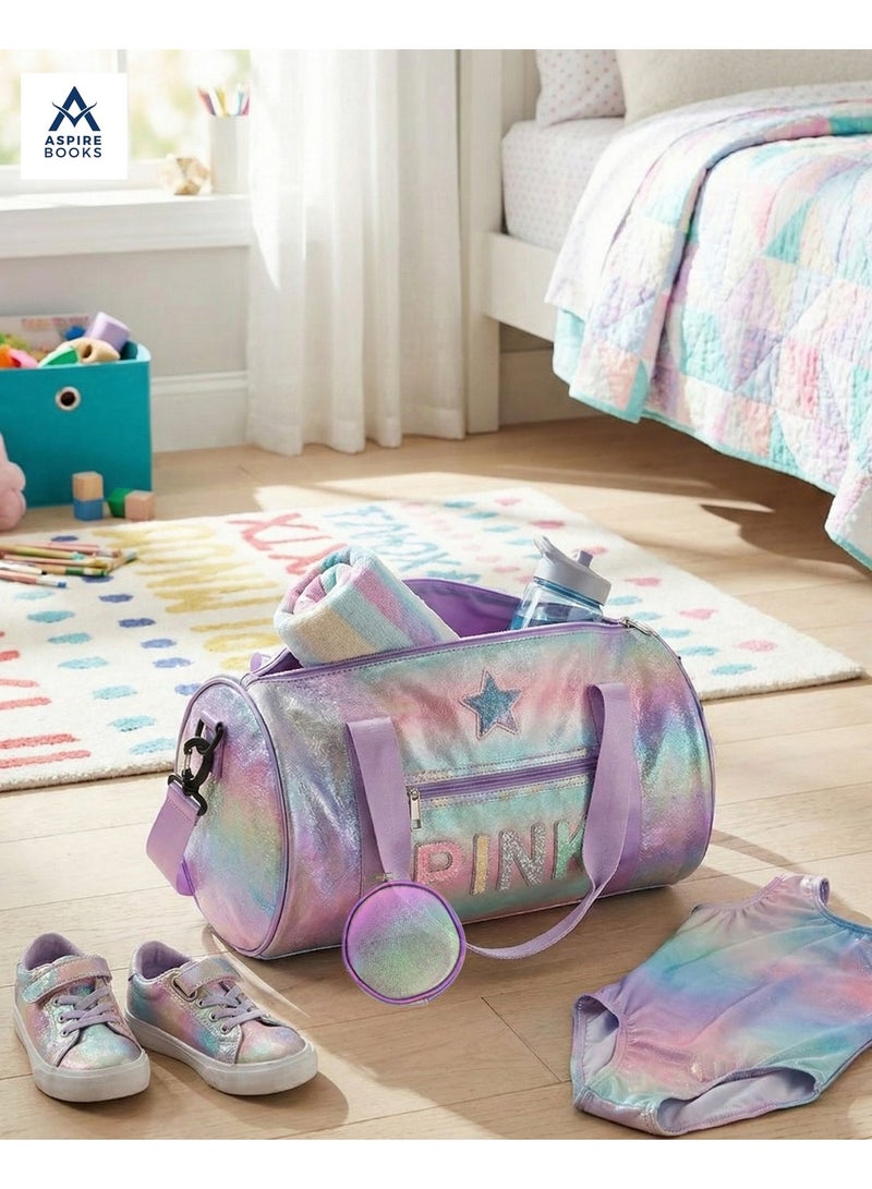 Aspire Books Kids Holographic Duffle Bag with Coin Pouch – Iridescent Travel Weekender & Dance Bag for Girls – Glitter "PINK" Lettering, Star Patch, and Adjustable Strap – Perfect for Shopping, Outings, and Sleepovers (Purple/Rainbow) - Image 1